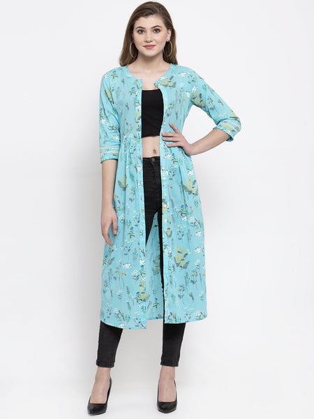 Indibelle cotton sky blue floral print A-line ShrugCape