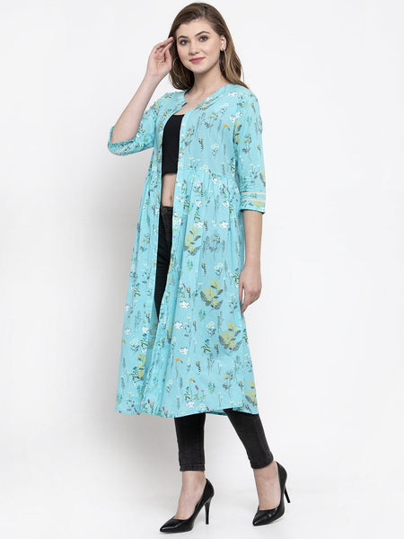 Indibelle cotton sky blue floral print A-line ShrugCape