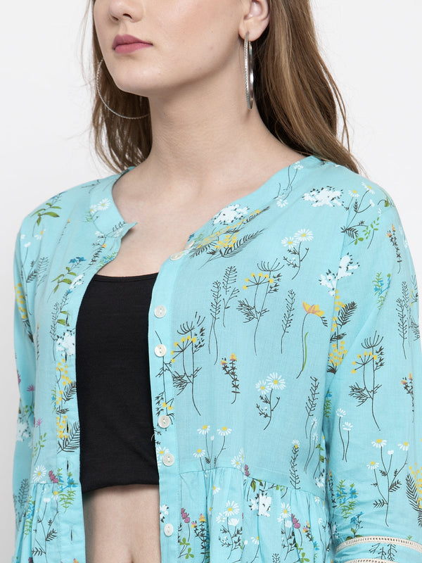 Indibelle cotton sky blue floral print A-line ShrugCape