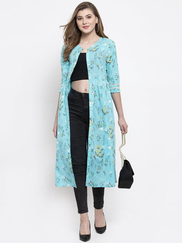 Indibelle cotton sky blue floral print A-line ShrugCape