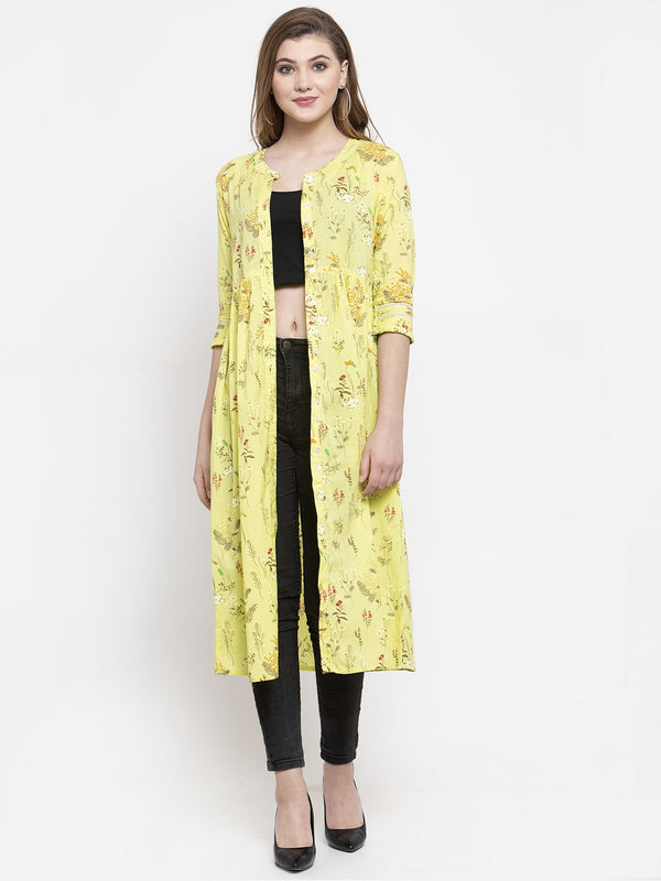 Indibelle Cotton Floral Print A-line Dress (Yellow)