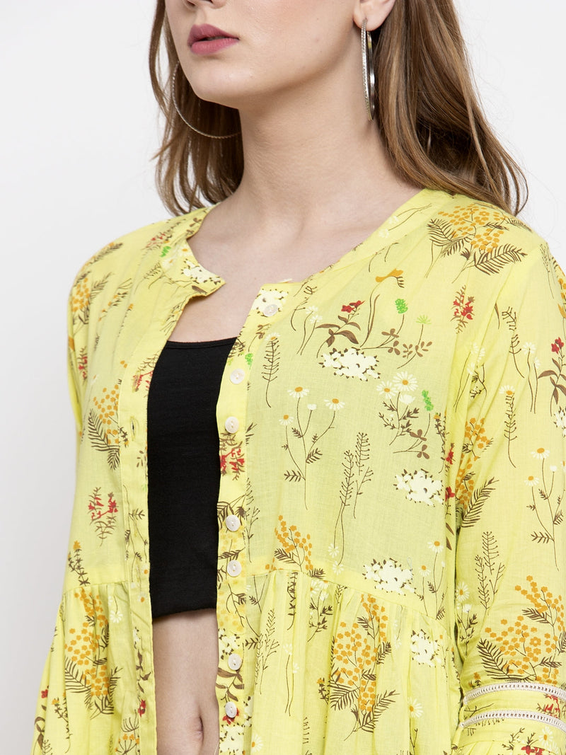 Indibelle cotton yellow floral print A-line ShrugCape
