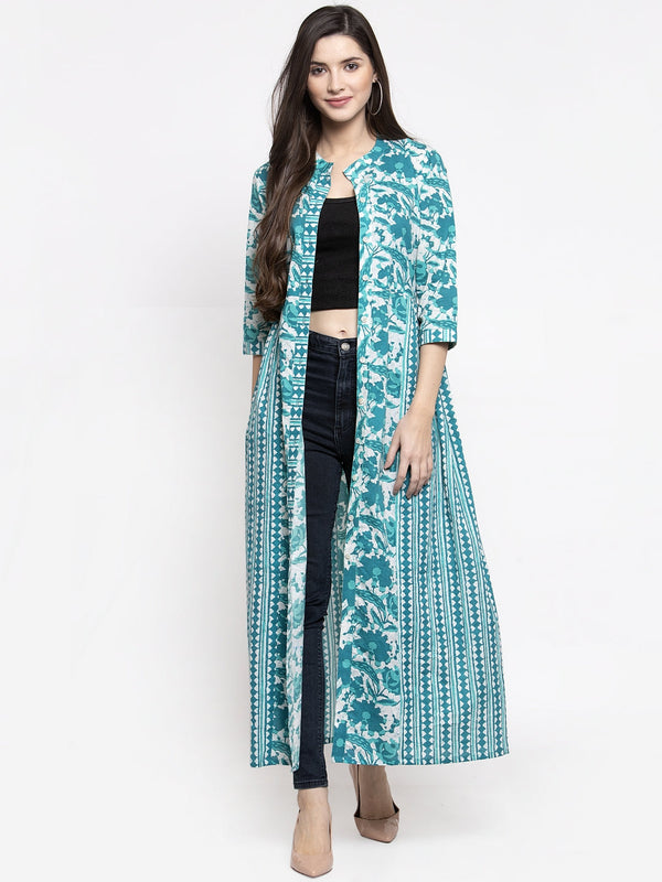 Indibelle cotton turquoise abstract print 2 side kali A-line ShrugCape(Turquoise_Medium)