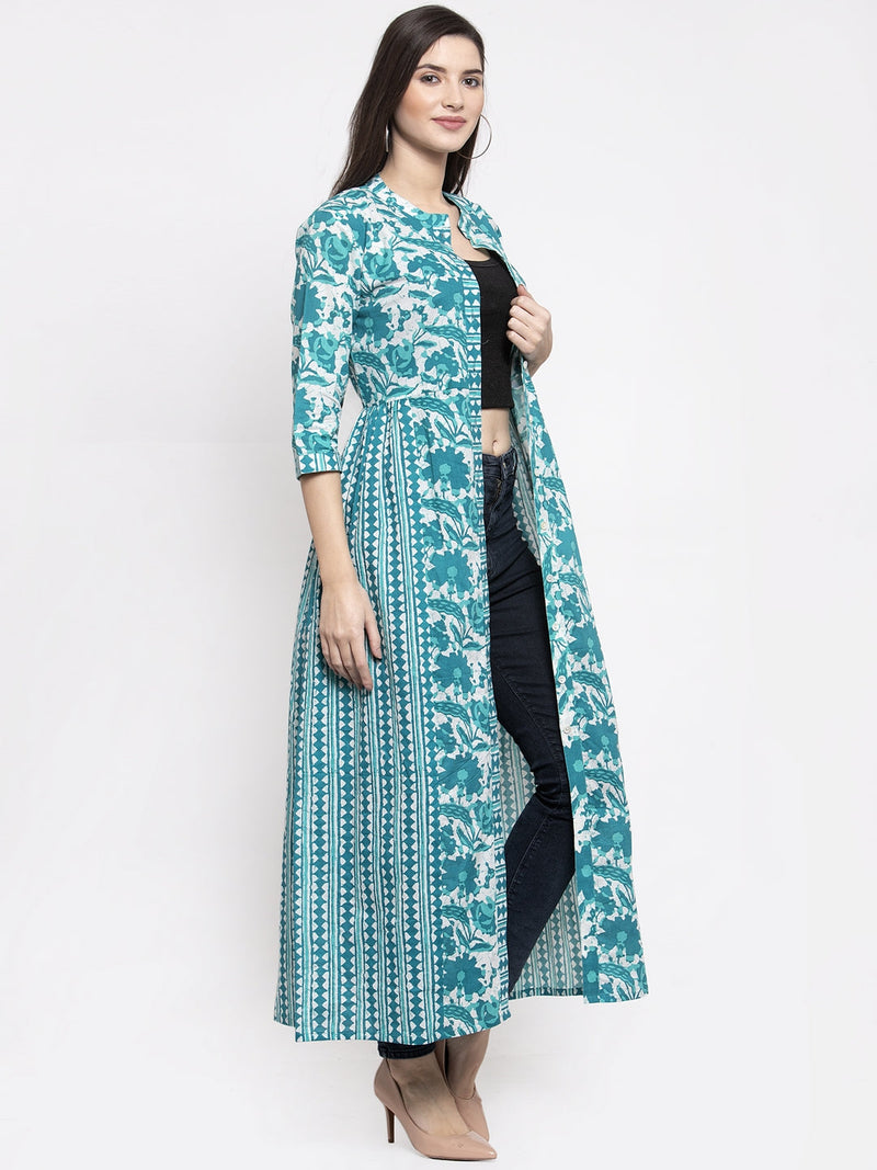 Indibelle cotton turquoise abstract print 2 side kali A-line ShrugCape(Turquoise_Medium)