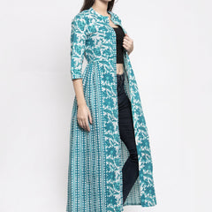 Indibelle cotton turquoise abstract print 2 side kali A-line ShrugCape(Turquoise_Medium)