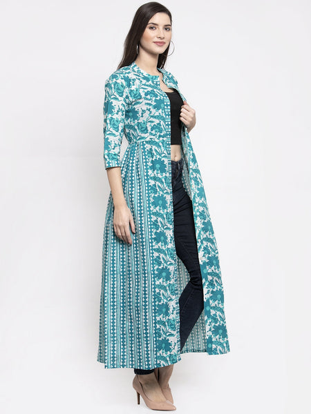 Indibelle cotton turquoise abstract print 2 side kali A-line ShrugCape(Turquoise_Medium)