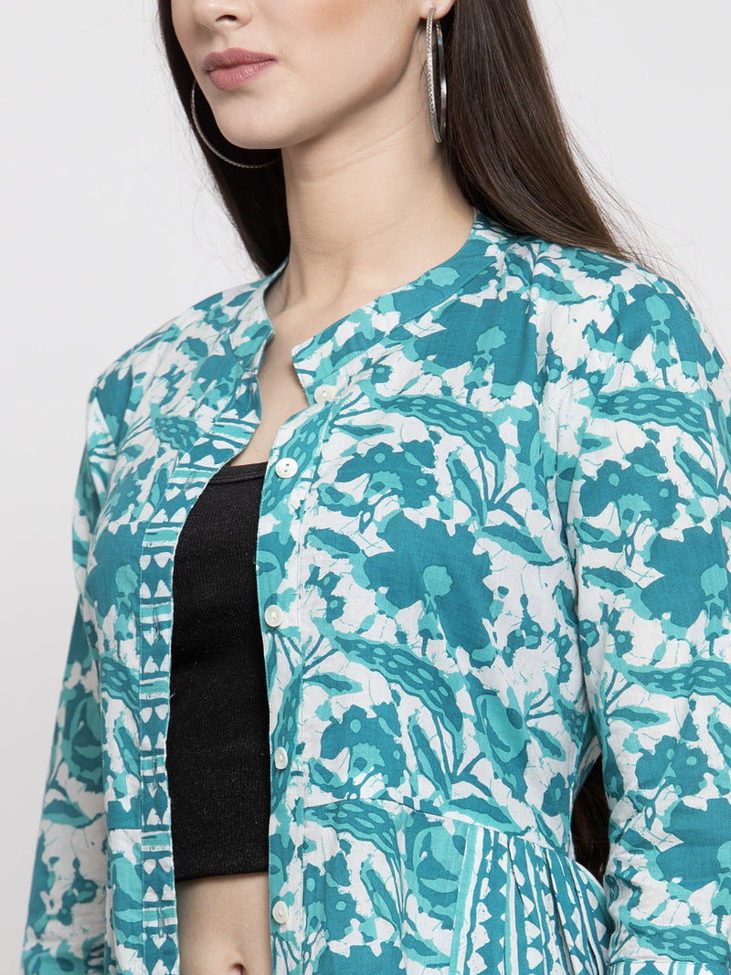 Indibelle cotton turquoise abstract print 2 side kali A-line ShrugCape(Turquoise_Medium)