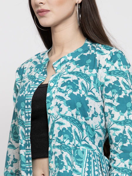 Indibelle cotton turquoise abstract print 2 side kali A-line ShrugCape(Turquoise_Medium)