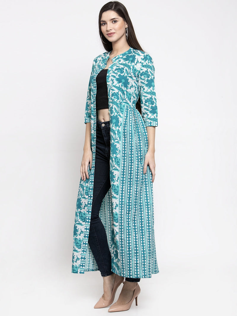 Indibelle cotton turquoise abstract print 2 side kali A-line ShrugCape(Turquoise_Medium)