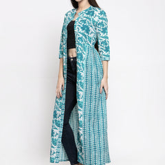 Indibelle cotton turquoise abstract print 2 side kali A-line ShrugCape(Turquoise_Medium)