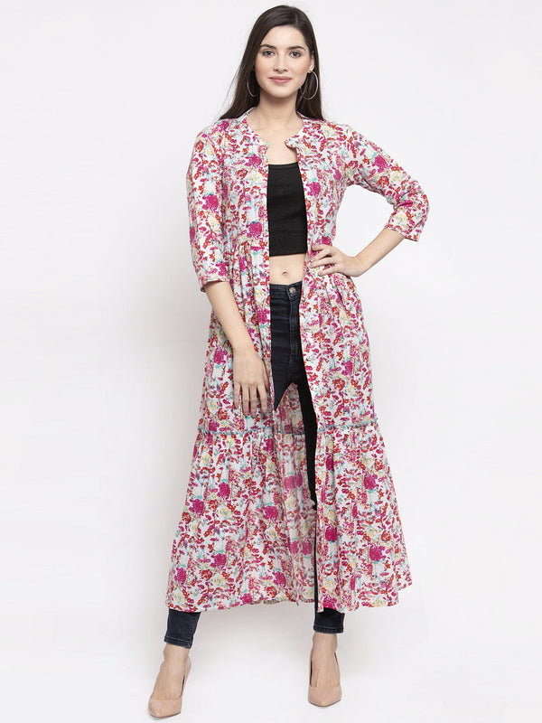 Indibelle cotton pink floral print front slit A-line ShrugCape(Pink_Medium)