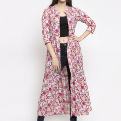 Indibelle cotton pink floral print A-line Dress (Pink)