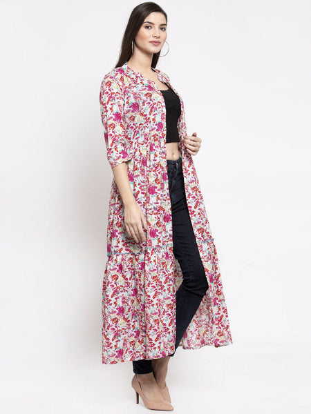 Indibelle cotton pink floral print front slit A-line ShrugCape(Pink_Medium)
