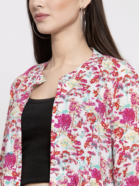 Indibelle cotton pink floral print front slit A-line ShrugCape(Pink_Medium)