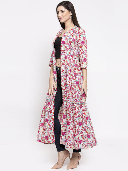 Indibelle cotton pink floral print front slit A-line ShrugCape(Pink_Medium)
