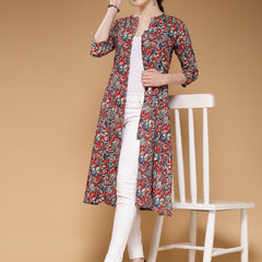 Indibelle Cotton Maroon Floral Print A-Line Shrug/Cape