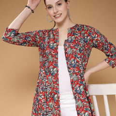 Indibelle Cotton Maroon Floral Print A-Line Shrug/Cape