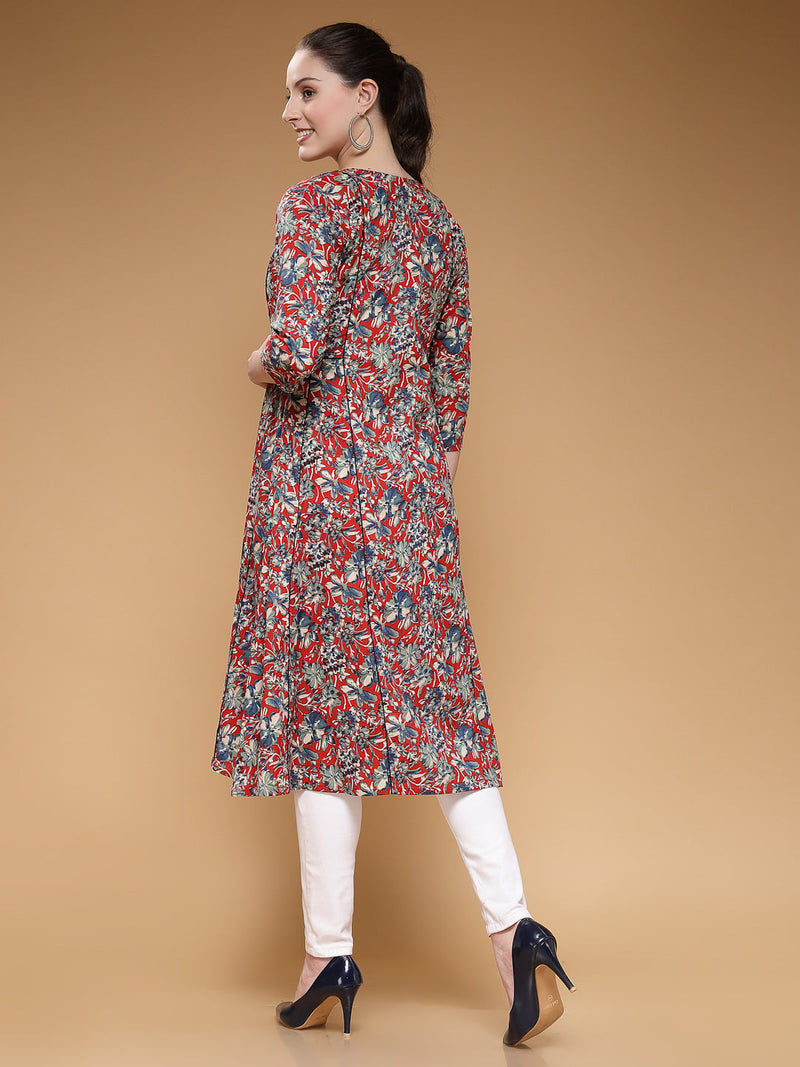 Indibelle Cotton Maroon Floral Print A-Line Shrug/Cape