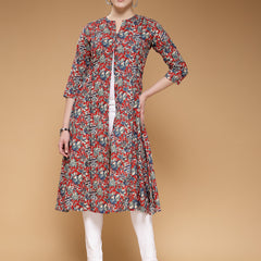 Indibelle Cotton Maroon Floral Print A-Line Shrug/Cape