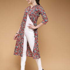 Indibelle Cotton Maroon Floral Print A-Line Shrug/Cape