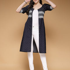 Indibelle Denim Knee Length Geometric Print A-Line Dress (Blue)