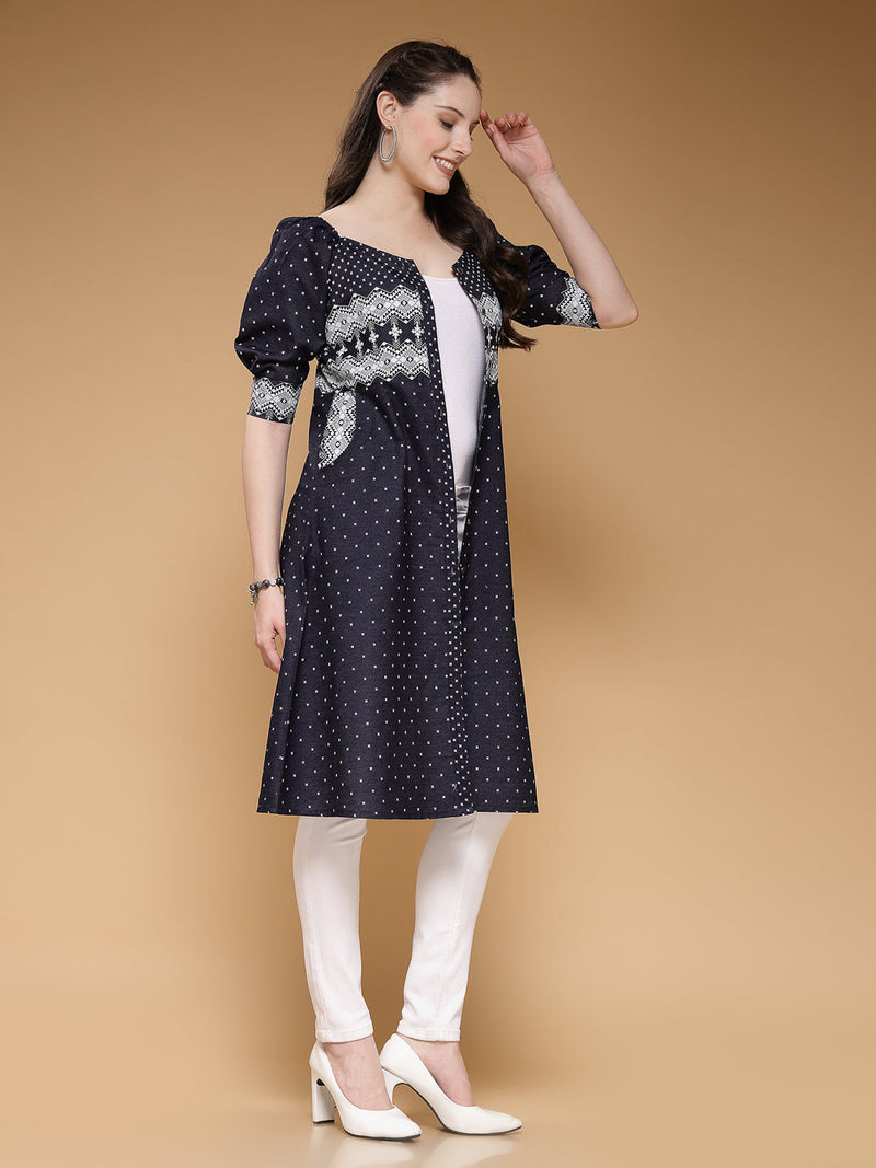 Indibelle Denim Blue Geometric Print A-Line Shrug/Cape