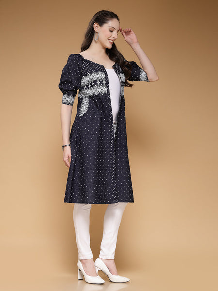 Indibelle Denim Blue Geometric Print A-Line Shrug/Cape