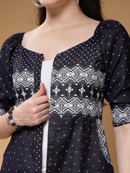 Indibelle Denim Blue Geometric Print A-Line Shrug/Cape