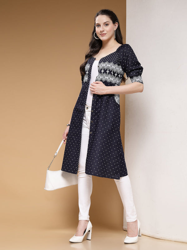 Indibelle Denim Blue Geometric Print A-Line Shrug/Cape