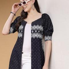 Indibelle Denim Blue Geometric Print A-Line Shrug/Cape