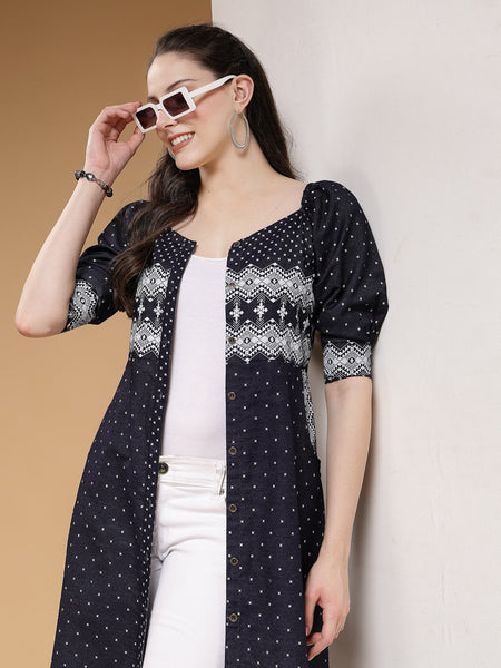Indibelle Denim Blue Geometric Print A-Line Shrug/Cape