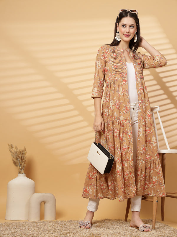 Indibelle Cotton Floral Print Flared Maxi Cape/Shrug (Brown)