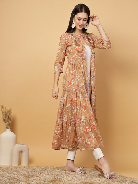 Indibelle Cotton Floral Print Flared Maxi Cape/Shrug (Brown)