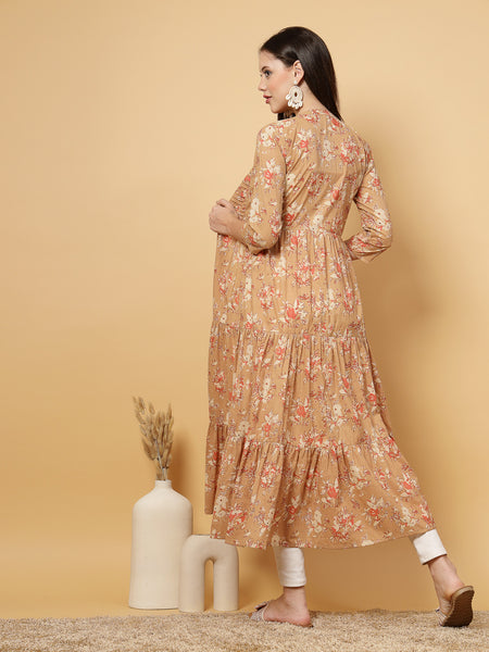 Indibelle Cotton Floral Print Flared Maxi Cape/Shrug (Brown)