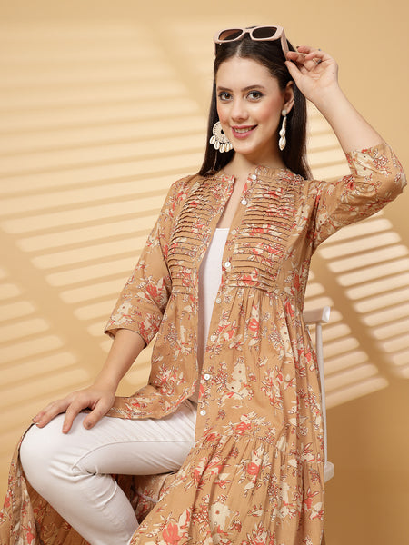 Indibelle Cotton Floral Print Flared Maxi Cape/Shrug (Brown)
