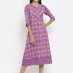 Indibelle Cotton Purple Geometric Print A-line Dress