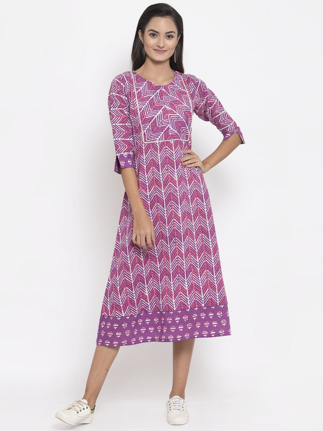 Indibelle Cotton Purple Geometric Print A-line Dress