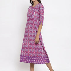 Indibelle Cotton Purple Geometric Print A-line Dress