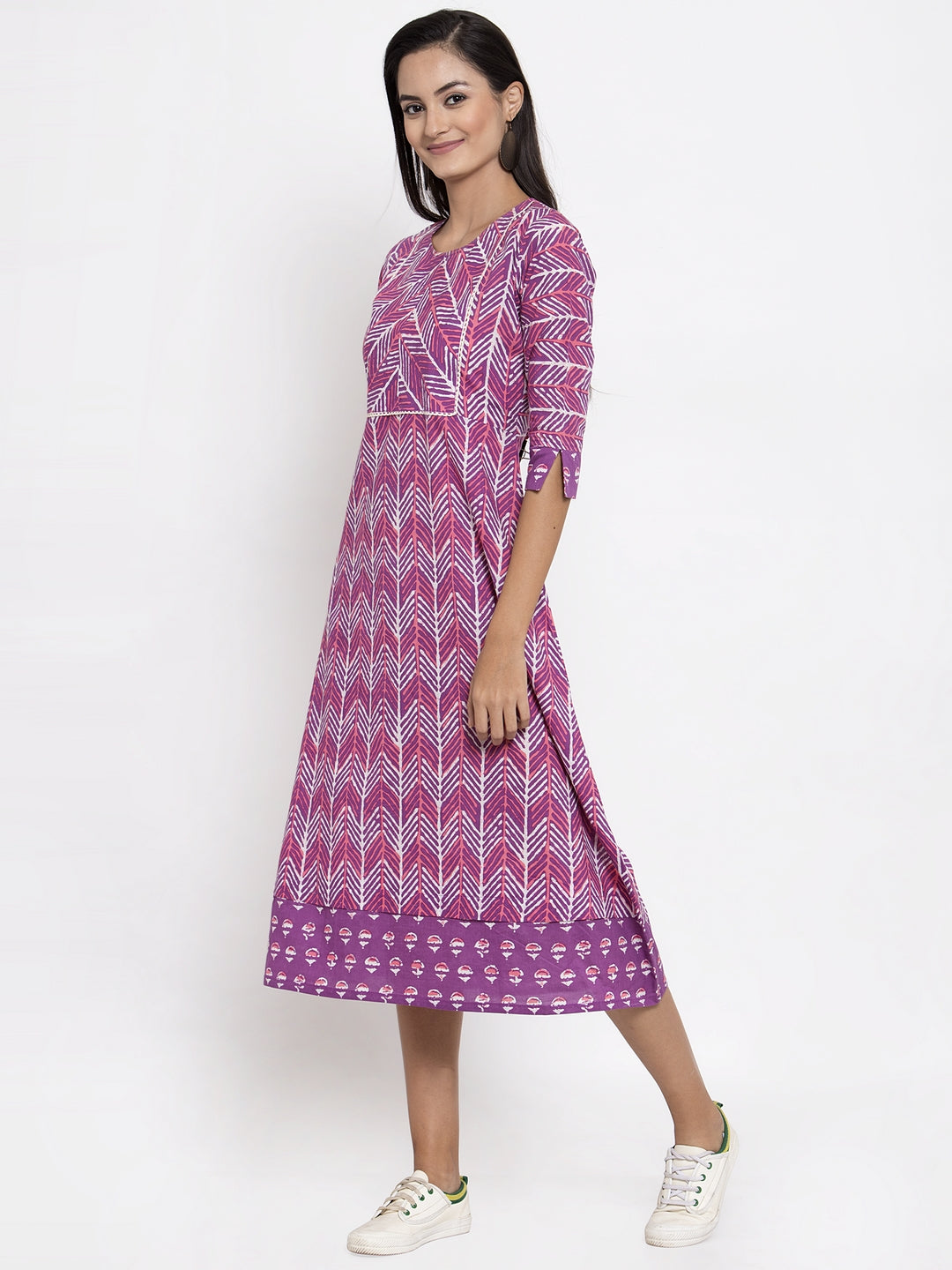 Indibelle Cotton Purple Geometric Print A-line Dress