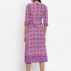 Indibelle Cotton Purple Geometric Print A-line Dress