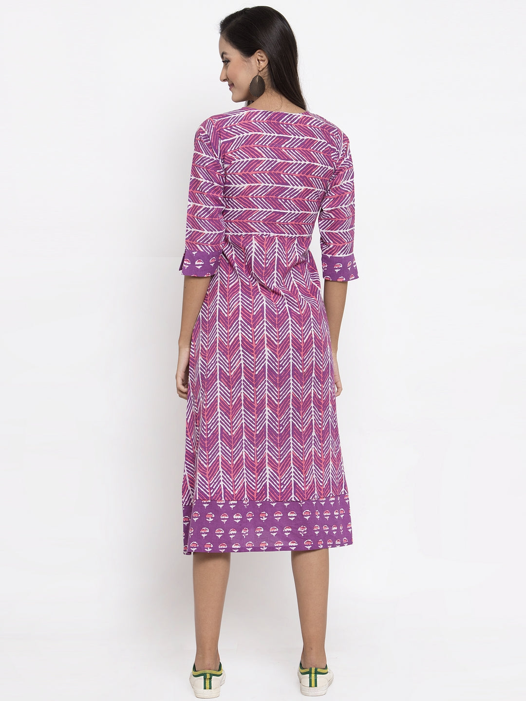 Indibelle Cotton Purple Geometric Print A-line Dress