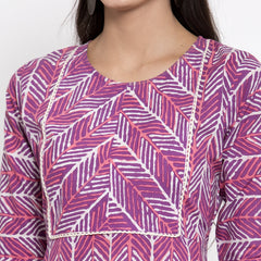 Indibelle Cotton Purple Geometric Print A-line Dress