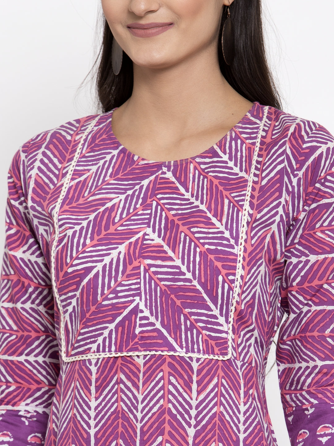 Indibelle Cotton Purple Geometric Print A-line Dress