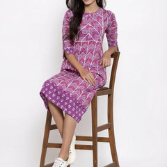 Indibelle Cotton Purple Geometric Print A-line Dress
