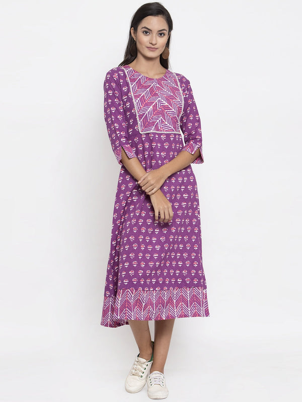 Indibelle Cotton Purple Block Print A-line Dress