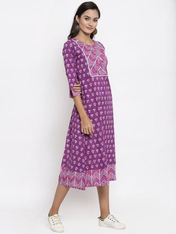 Indibelle Cotton Purple Block Print A-line Dress
