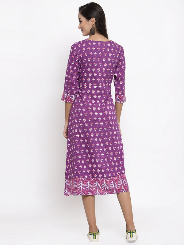 Indibelle Cotton Purple Block Print A-line Dress
