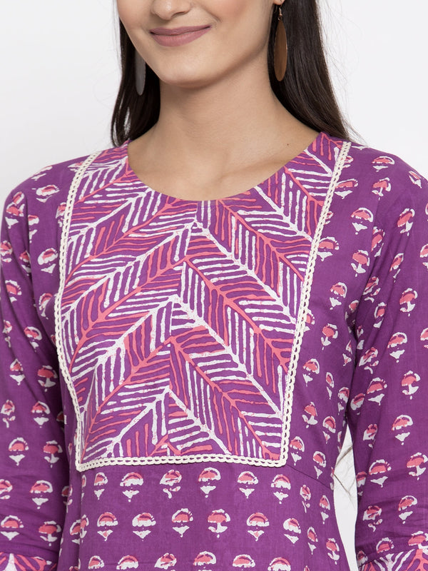 Indibelle Cotton Purple Block Print A-line Dress