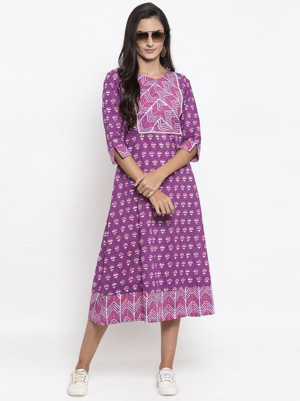 Indibelle Cotton Purple Block Print A-line Dress