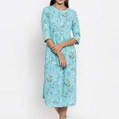 Indibelle Cotton Sky Blue Floral Print A-line Dress